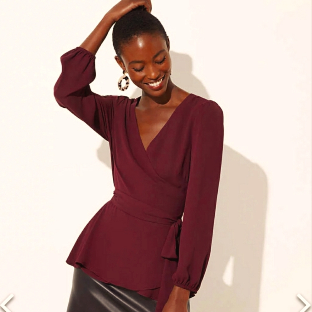 Wine peplum wrap blouse